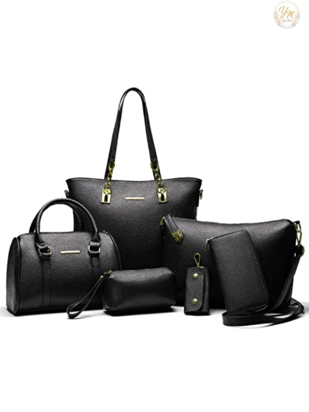 Faux Leather 6pc Purse Set Satchel Shoulder Tote Clutch Wristlet Key Holder